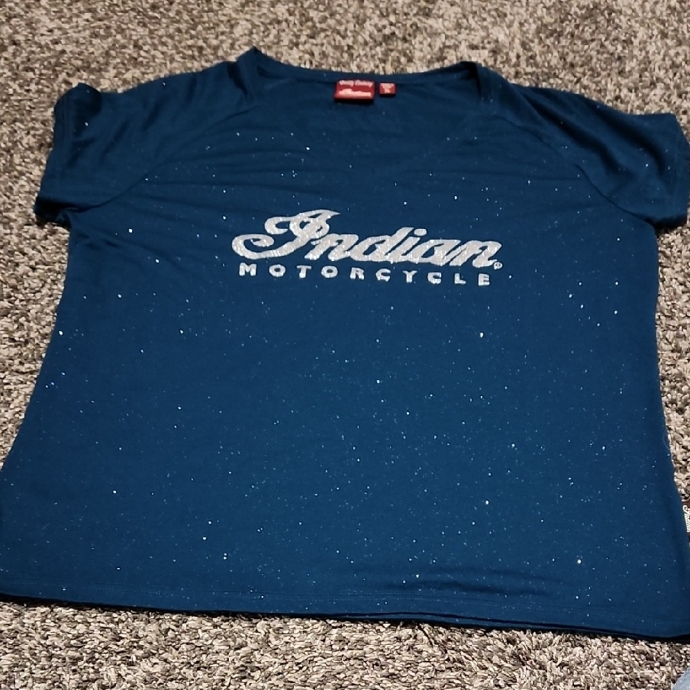 Indian Motorcycle Women's Dark Teal Blue With Silver Sparkles Shirt